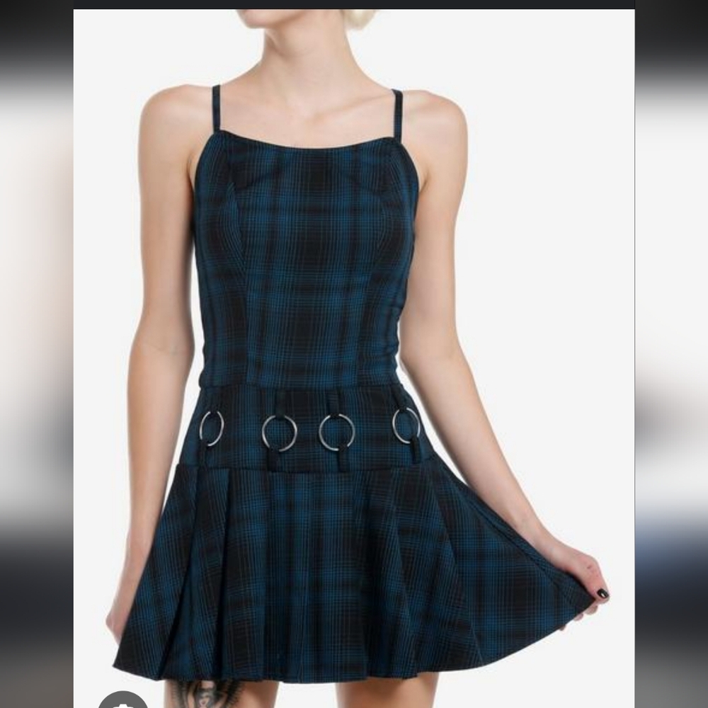 HOT HOPIC Social Collision Blue Plaid Hardware Dress Medium Grunge GOTHIC